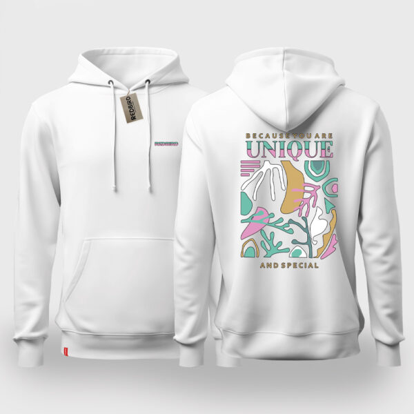 Drei stilvolle Redbird-Hoodie für Frauen in den Farben weiß mit einem einzigartigen grafischen Design auf der Rückseite. Das Motiv kombiniert farbenfrohe, abstrakte Formen und den inspirierenden Text „Weil du einzigartig und besonders bist“.